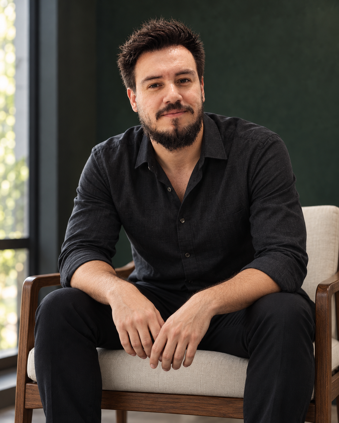Retrato editorial de Fernando Costa Machado sentado, em uma composição acolhedora